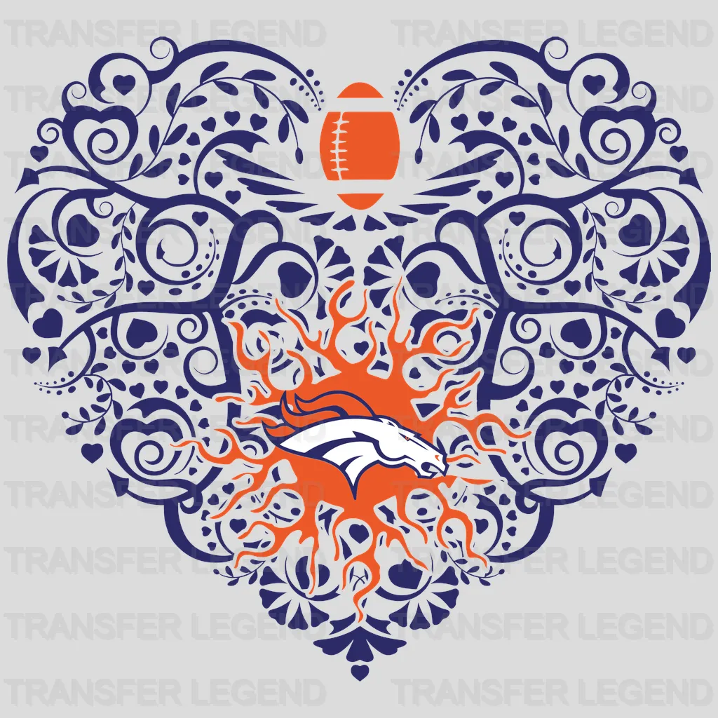 Denver Broncos Ornamental Floral Heart Emblem NFL Design - DTF Heat Transfer