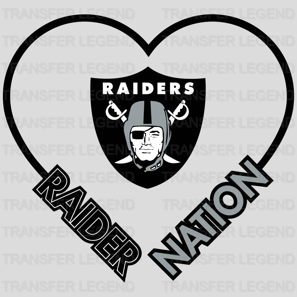 Las Vegas Raiders shield with “Raiders Nation” text within heart outline, NFL design - DTF Heat Transfer