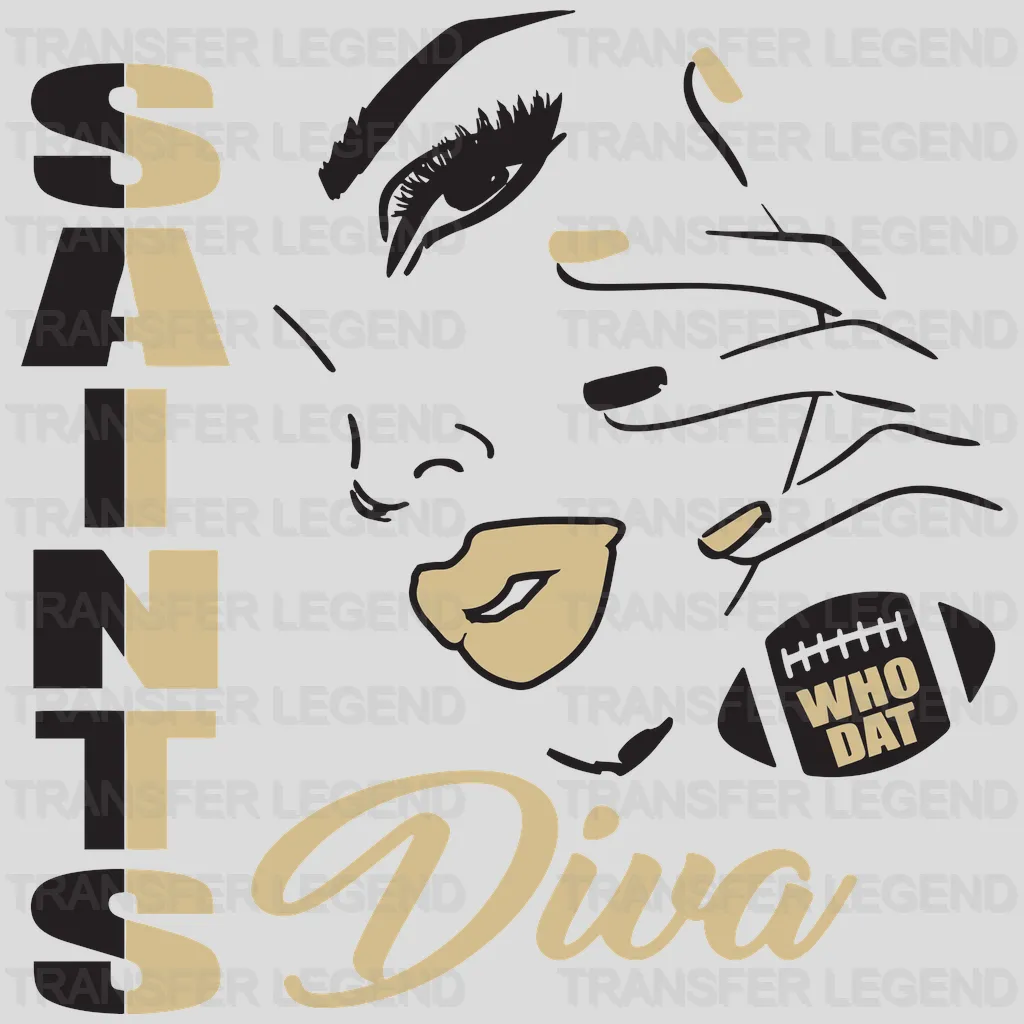 New Orleans Saints “Saints Diva” text with female silhouette, NFL design - DTF Heat Transfer
