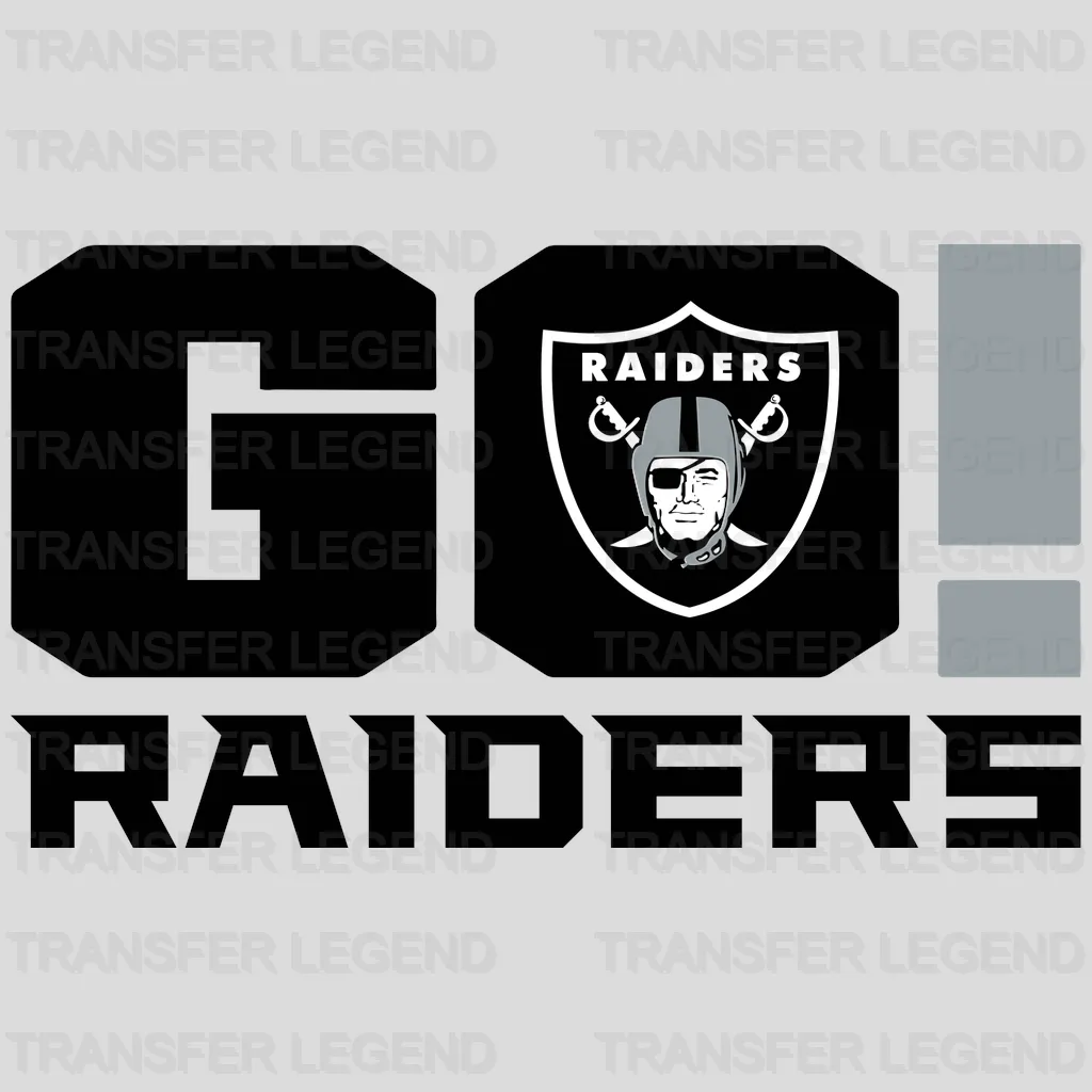 Las Vegas Raiders bold “GO! RAIDERS” text with shield emblem, NFL design - DTF Heat Transfer