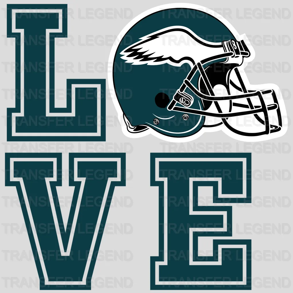 Philadelphia Eagles ‘LOVE’ typography with helmet ‘O’, NFL design - DTF Heat Transfer