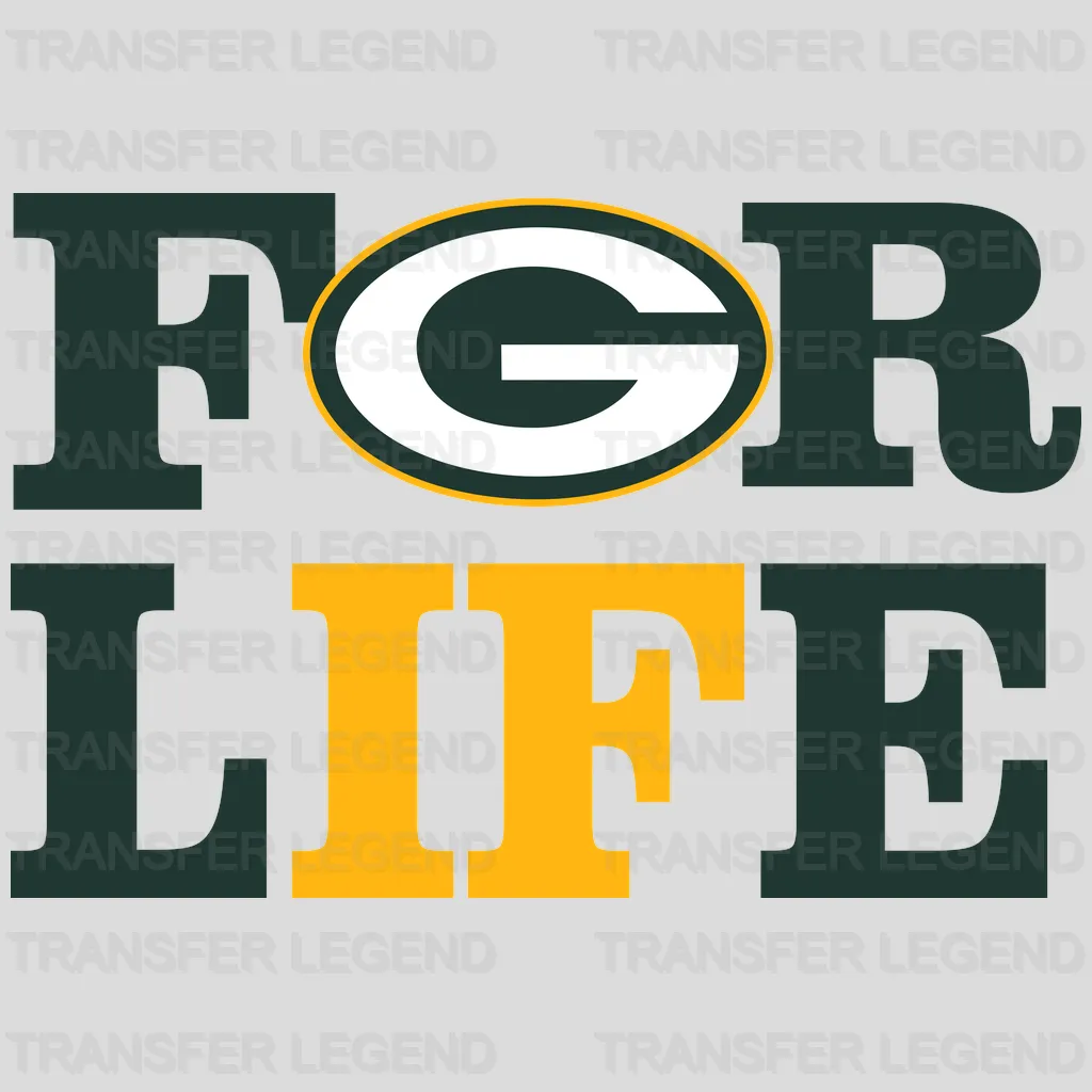 Green Bay Packers “For Life” slogan with G logo, NFL design - DTF Heat Transfer