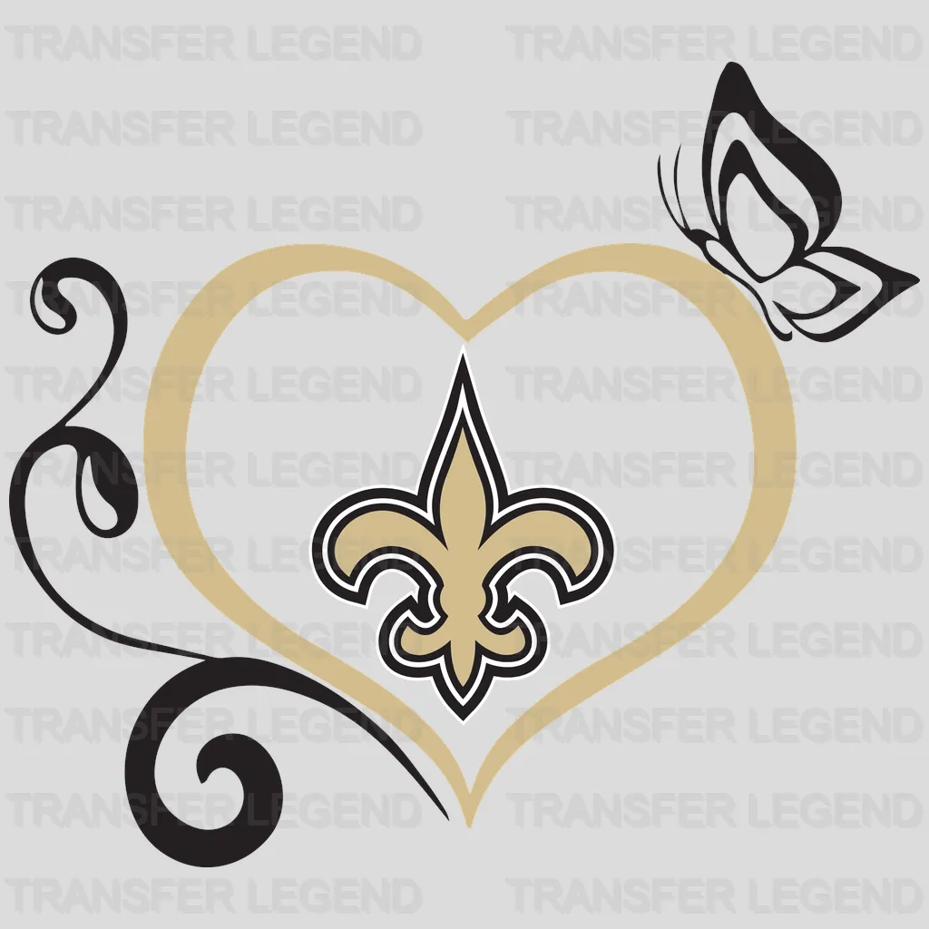 New Orleans Saints heart shape framing fleur‑de‑lis outline, NFL design - DTF Heat Transfer