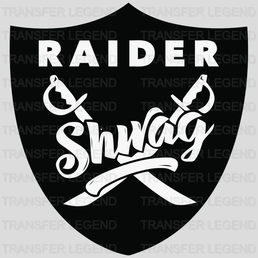 Las Vegas Raiders “Raiders Swag” script with crossed swords beneath, NFL design - DTF Heat Transfer