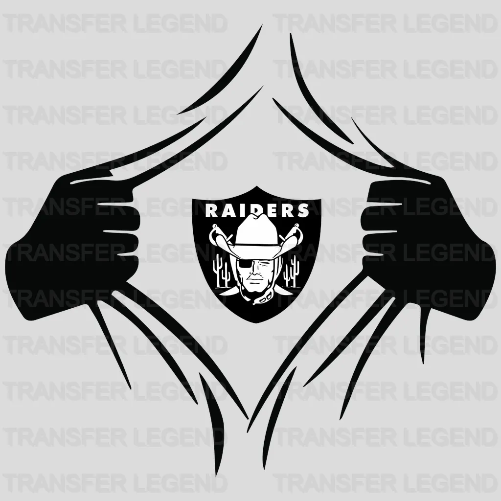 Las Vegas Raiders shirt-rip reveal gesture with shield emblem, NFL design - DTF Heat Transfer
