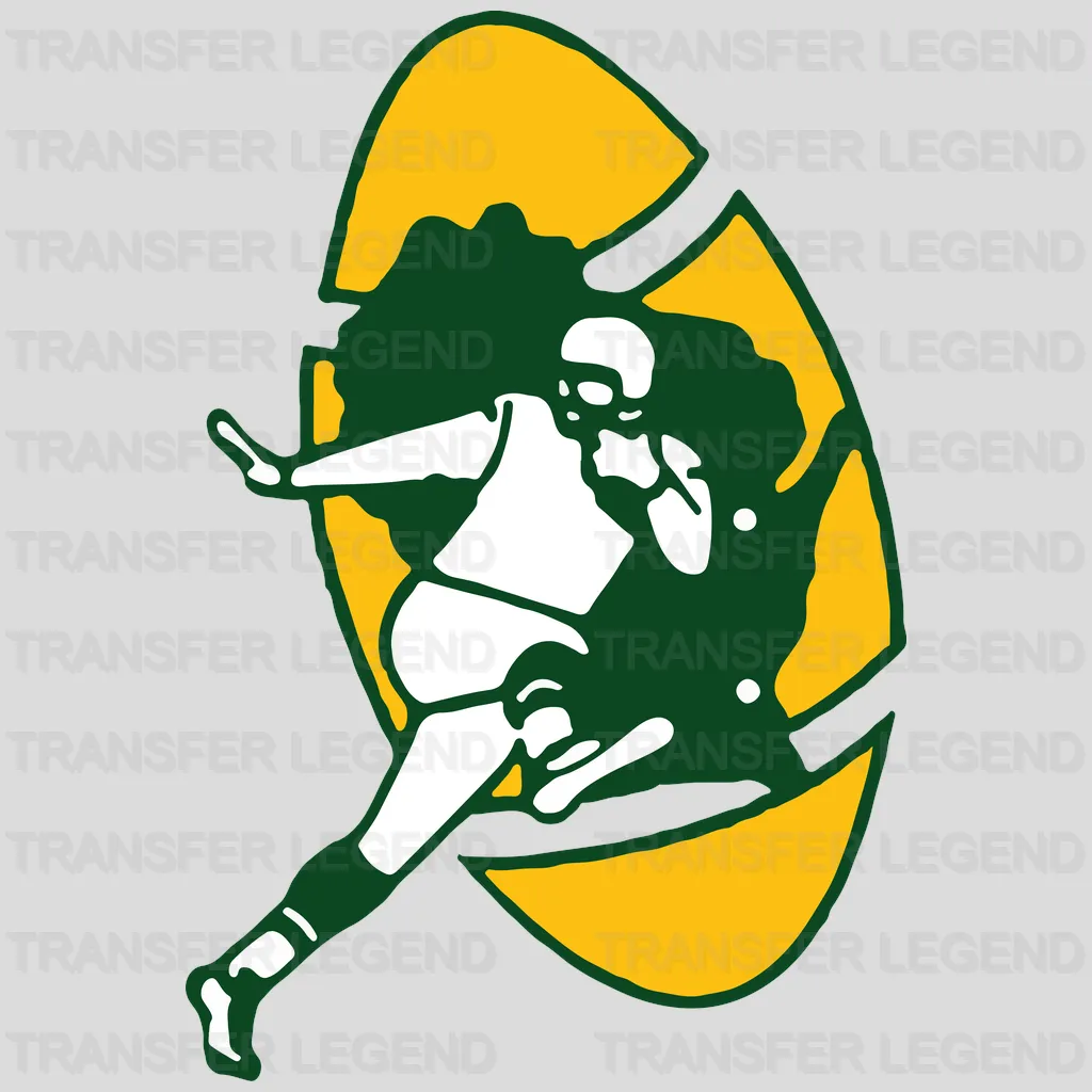 Green Bay Packers running player silhouette against green‑yellow team shape, NFL design - DTF Heat Transfer
