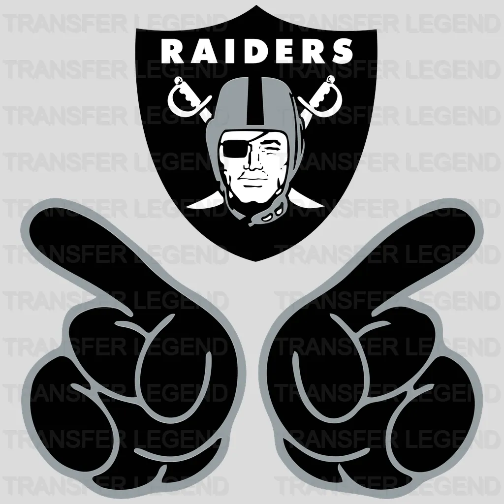 Las Vegas Raiders twin pointing fingers framing team shield, NFL design - DTF Heat Transfer