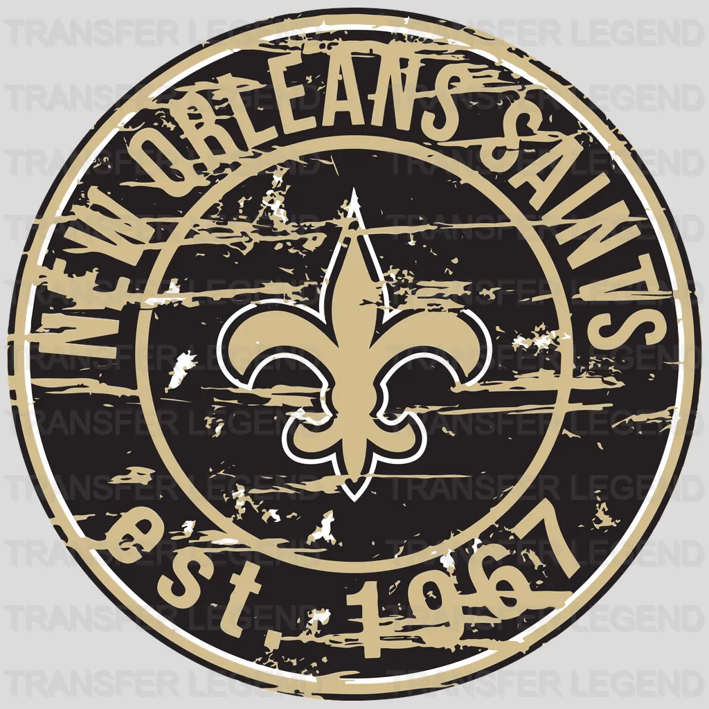New Orleans Saints weathered circular crest with fleur‑de‑lis, NFL design - DTF Heat Transfer