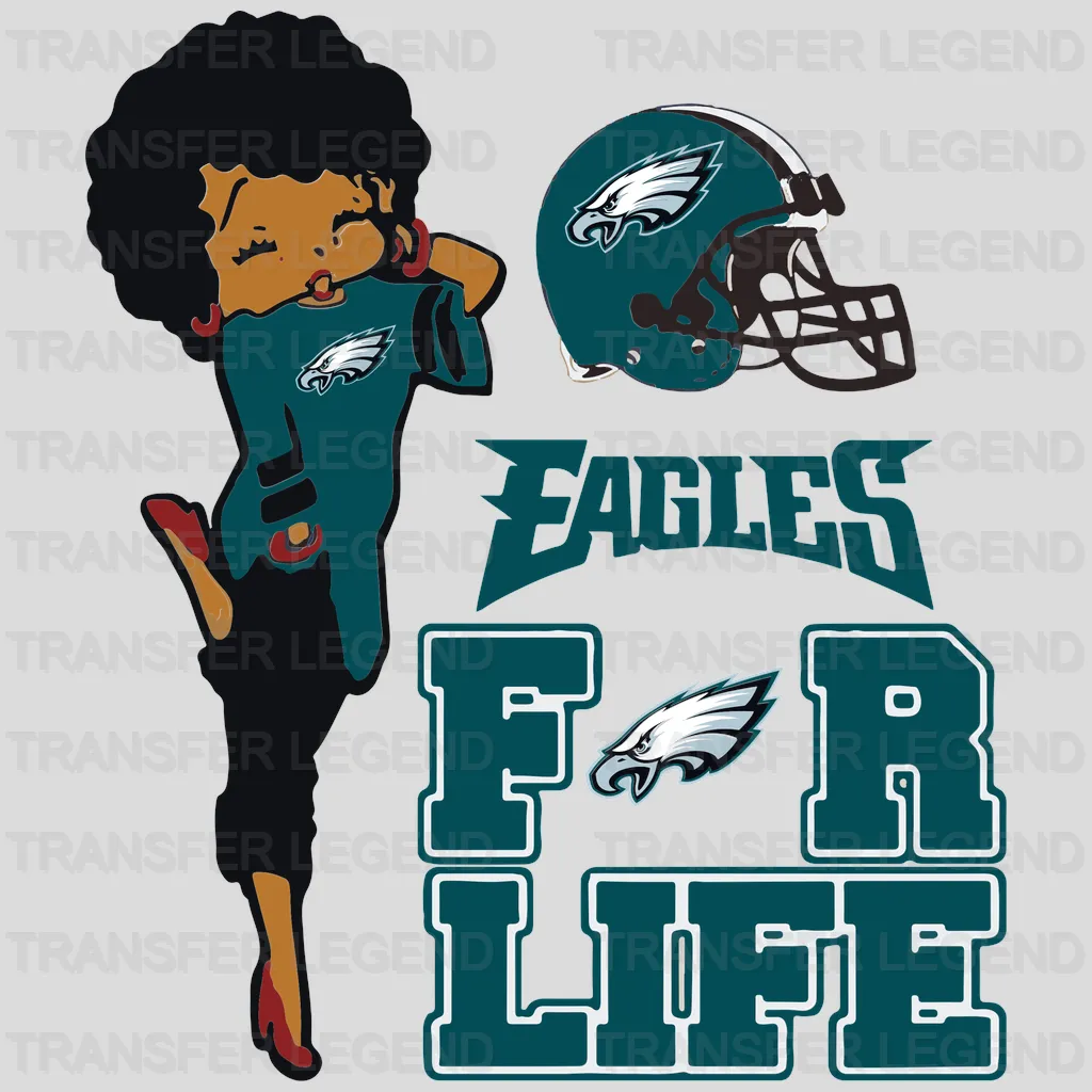 Philadelphia Eagles female fan reclining next to crest, NFL design - DTF Heat Transfer