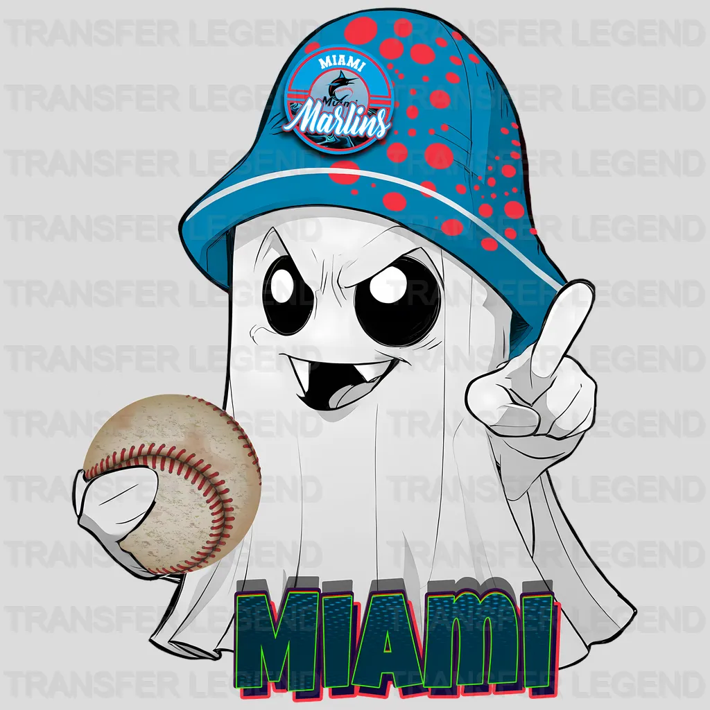 Miami Marlins MLB Cute Ghost With Hat Halloween - DTF Iron On Transfer