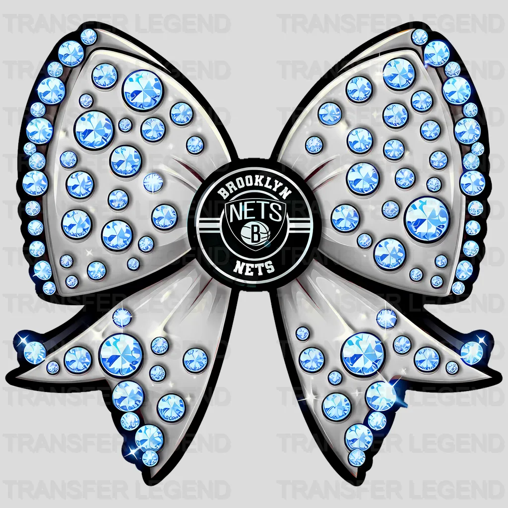 Brooklyn Nets NBA Glitter Sequin Blue Bow Ribbon - DTF Iron On Transfer