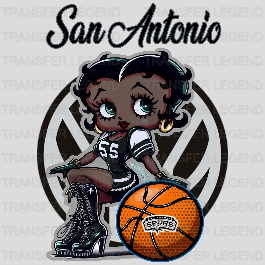 San Antonio Spurs NBA Cute Cartoon Girl Sitting On V2 - DTF Iron On Transfer
