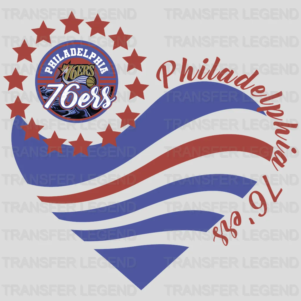 Philadelphia 76ers NBA Heart Shape Retro Wavy Lines Graphic - DTF Iron On Transfer