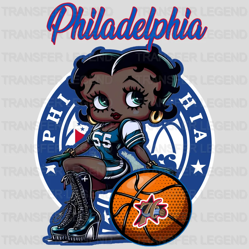 Philadelphia 76ers NBA Cute Cartoon Girl Sitting On Blue - DTF Iron On Transfer