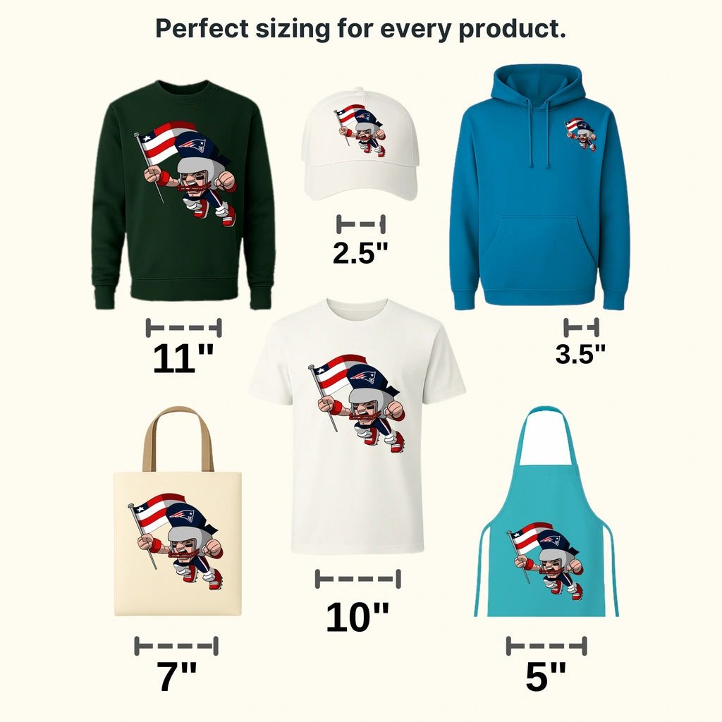 New England Patriots aggressive cartoon mascot charging forward, NFL design - DTF Heat Transfer