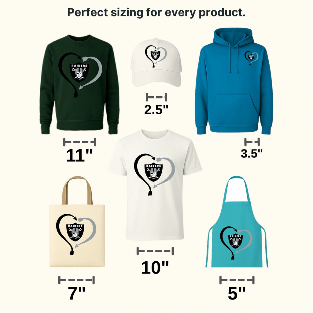 Las Vegas Raiders heart arrow swirling into team shield, NFL design - DTF Heat Transfer