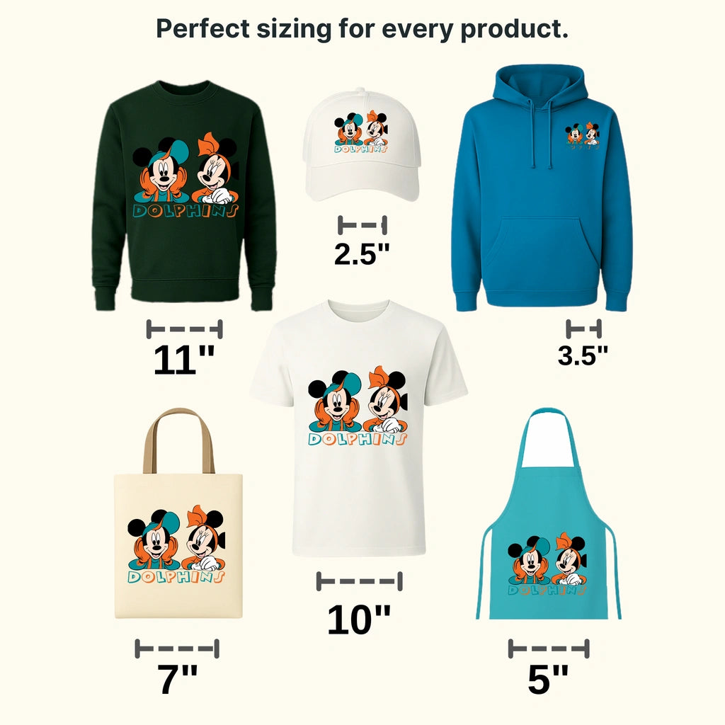 Miami Dolphins Mickey & Minnie Script Fan Illustration NFL Design - DTF Heat Transfer