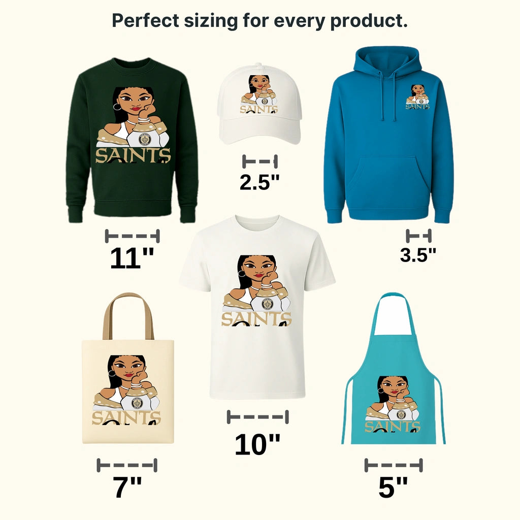 New Orleans Saints female fan character holding fleur‑de‑lis logo, NFL design - DTF Heat Transfer