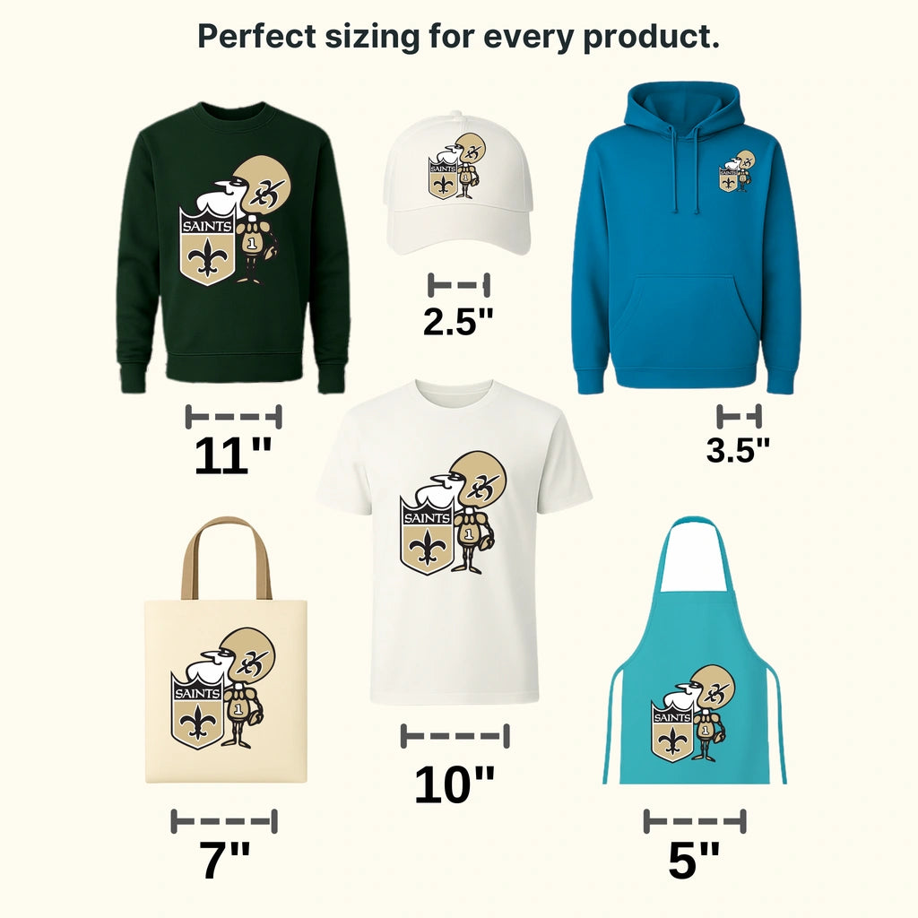 New Orleans Saints cartoon Saint mascot with helmet and fleur‑de‑lis, NFL design - DTF Heat Transfer