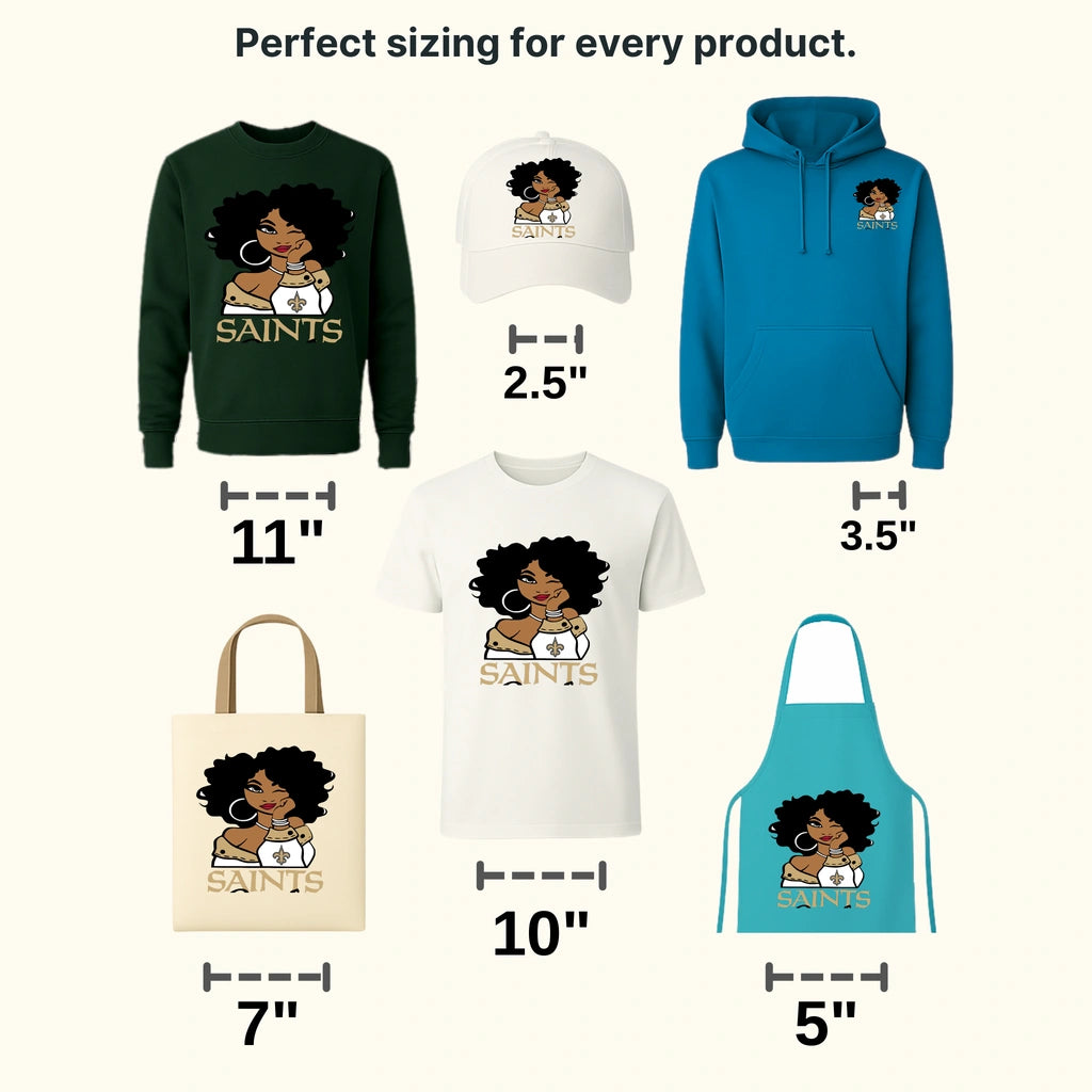 New Orleans Saints female fan character in stylish Saints attire, NFL design - DTF Heat Transfer