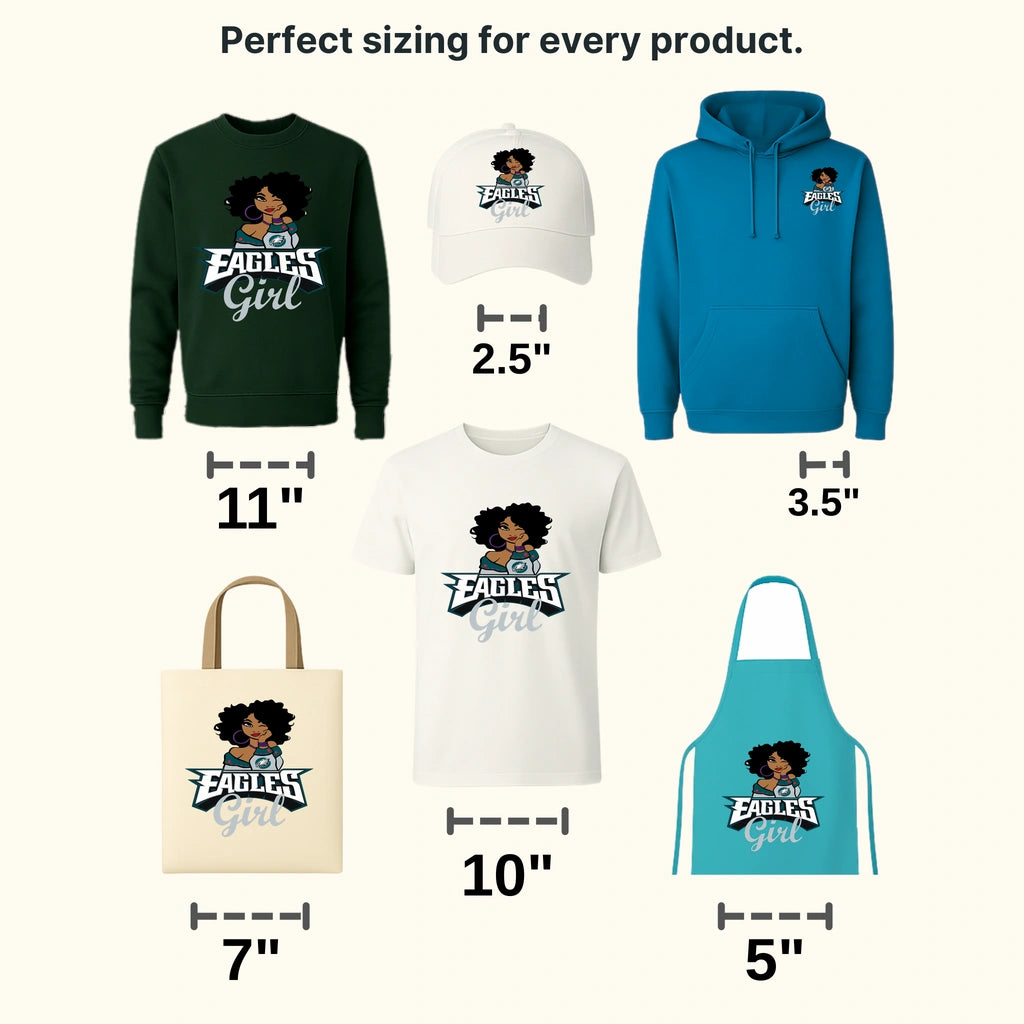 Philadelphia Eagles female fan cartoon with ‘Eagles Girl’ text, NFL design - DTF Heat Transfer