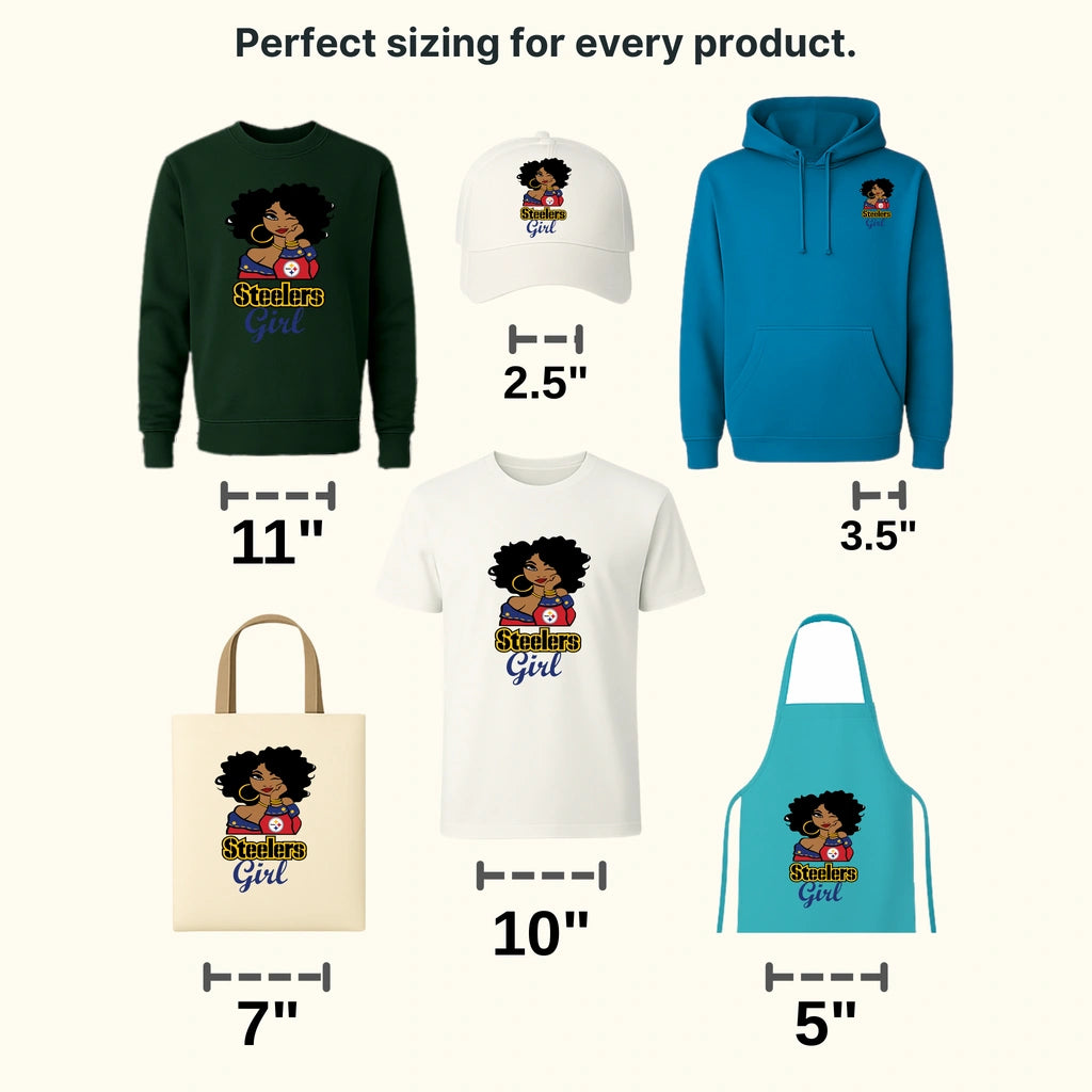 Pittsburgh Steelers female fan character holding logo, NFL design - DTF Heat Transfer