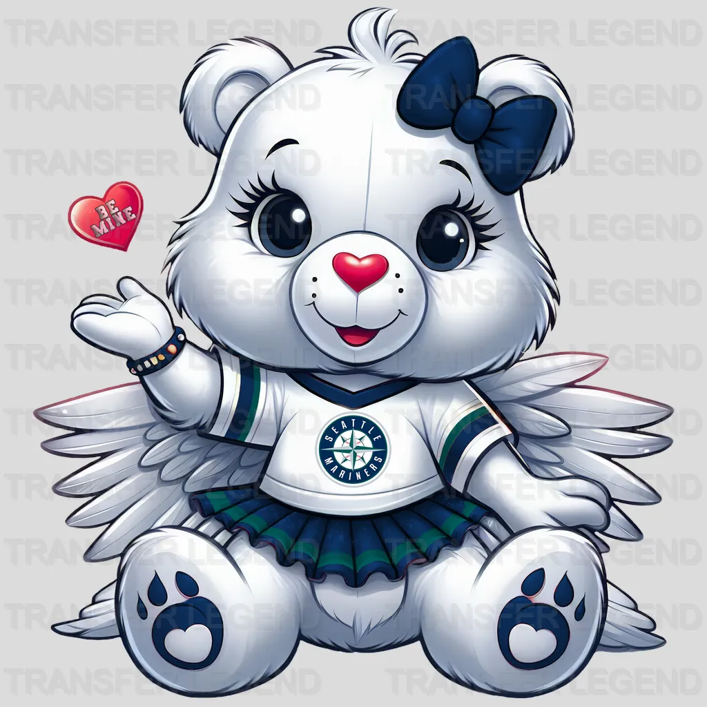 Seattle Mariners MLB Cute Care Bear Mascot With Bow - DTF Iron On Transfer