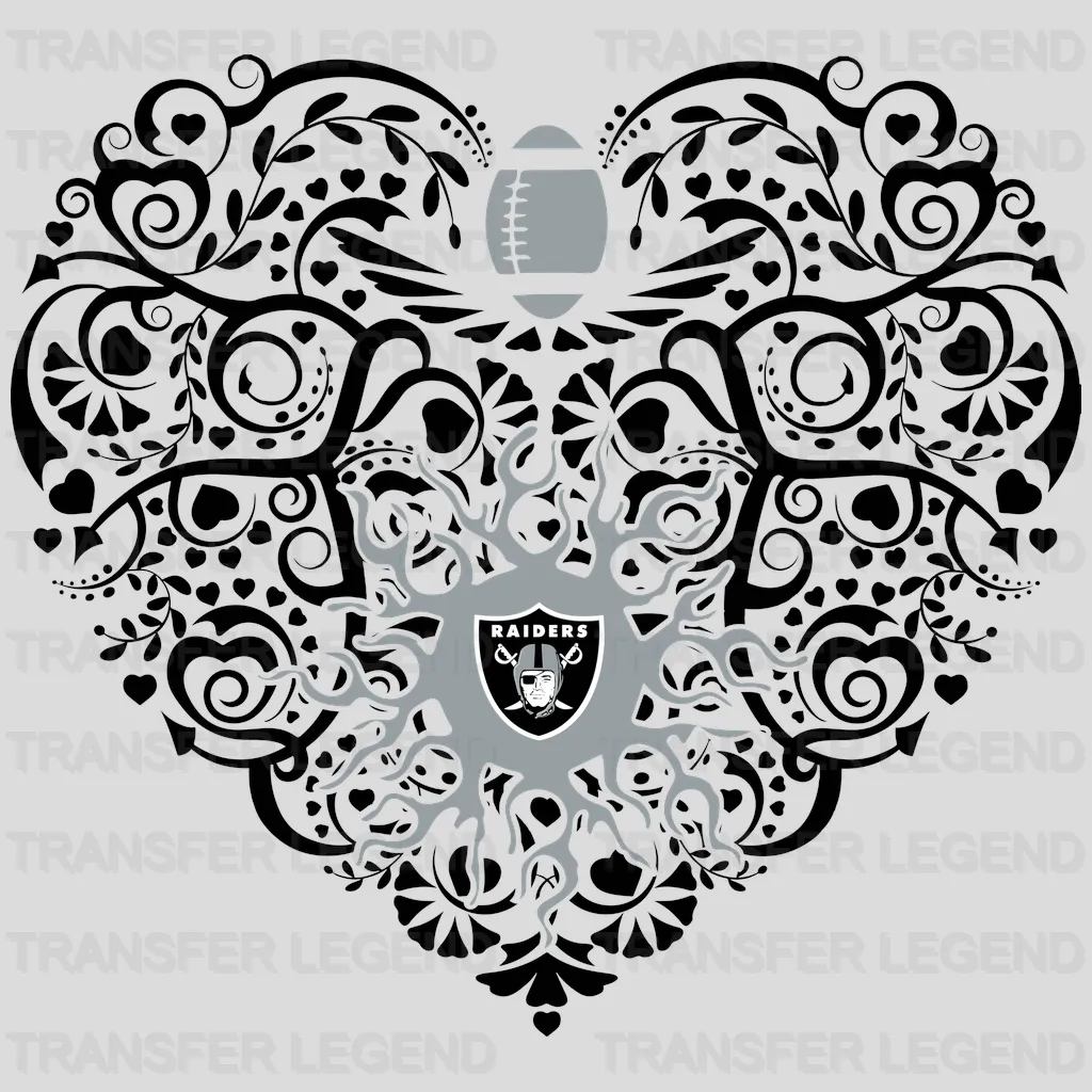 Las Vegas Raiders intricate floral heart collage framing team shield, NFL design - DTF Heat Transfer