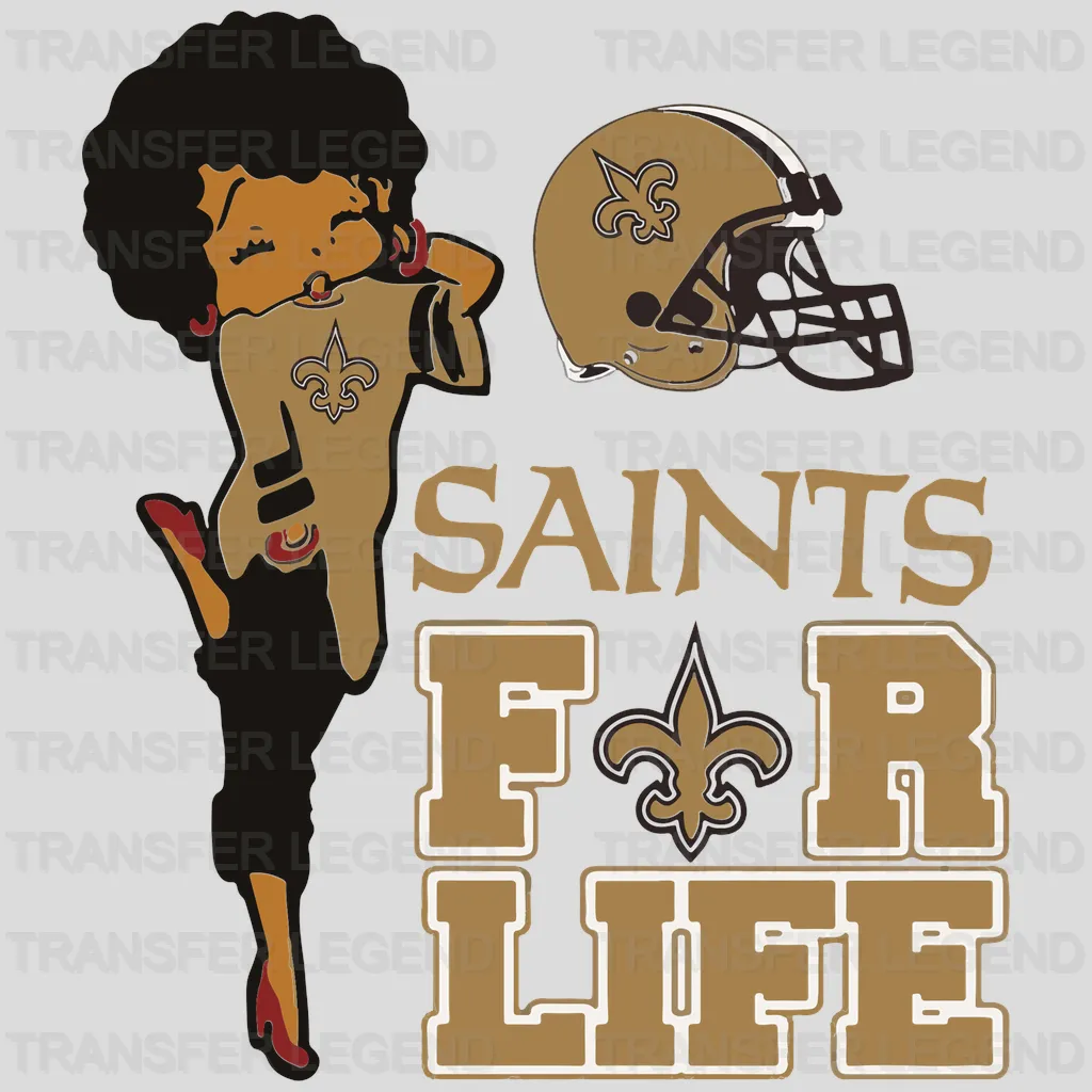 New Orleans Saints “Saints For Life” text with fleur‑de‑lis and player silhouette, NFL design - DTF Heat Transfer
