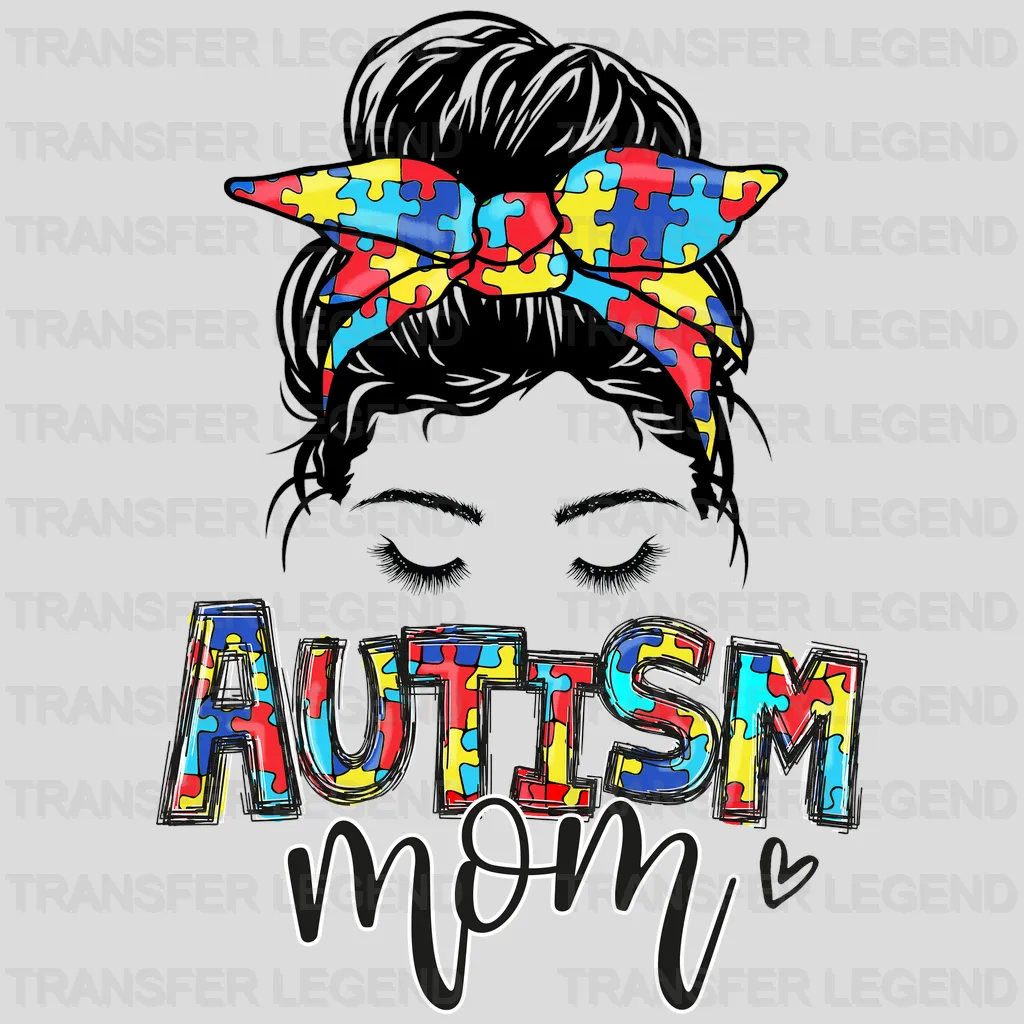 Autis Mama And Puzzle Piece- Autis Awareness And Support - Women Messy Bun - Design - DTF heat transfer - transferlegend