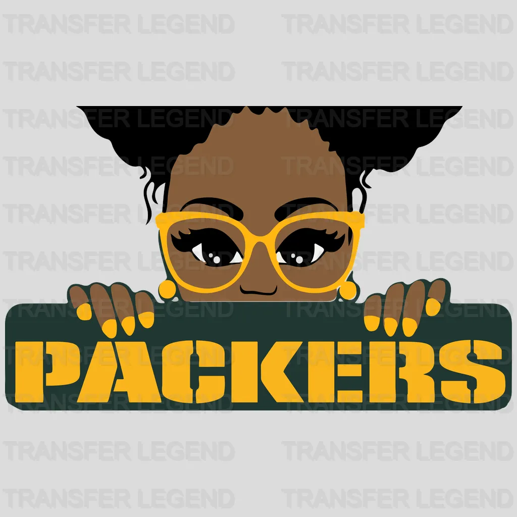 Green Bay Packers female fan cartoon with glasses and stylized PACKERS text, NFL design - DTF Heat Transfer