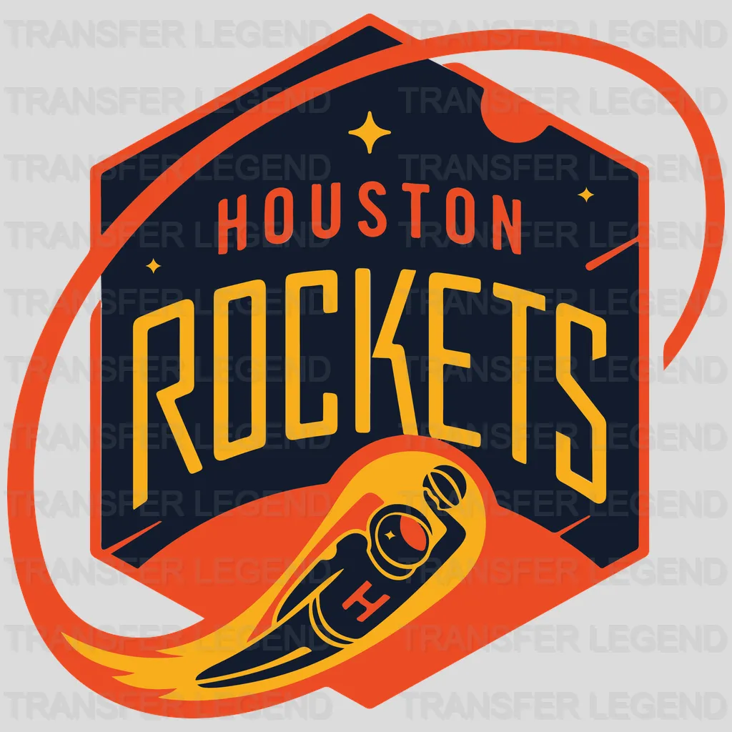 Houston Rockets Hex Badge with Swooshing Rocket NBA Design - DTF Heat Transfer