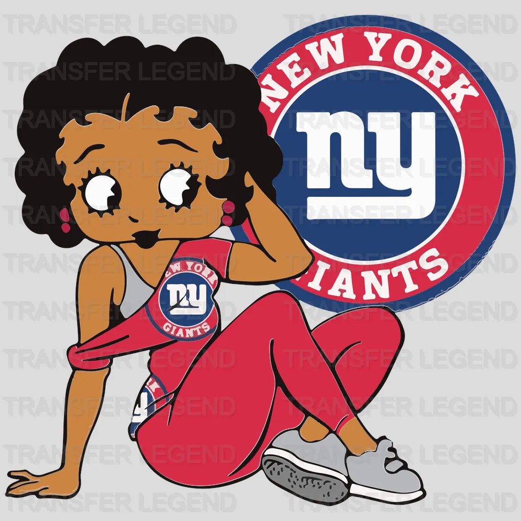 New York Giants seated fan hugging circular logo, NFL design - DTF Heat Transfer