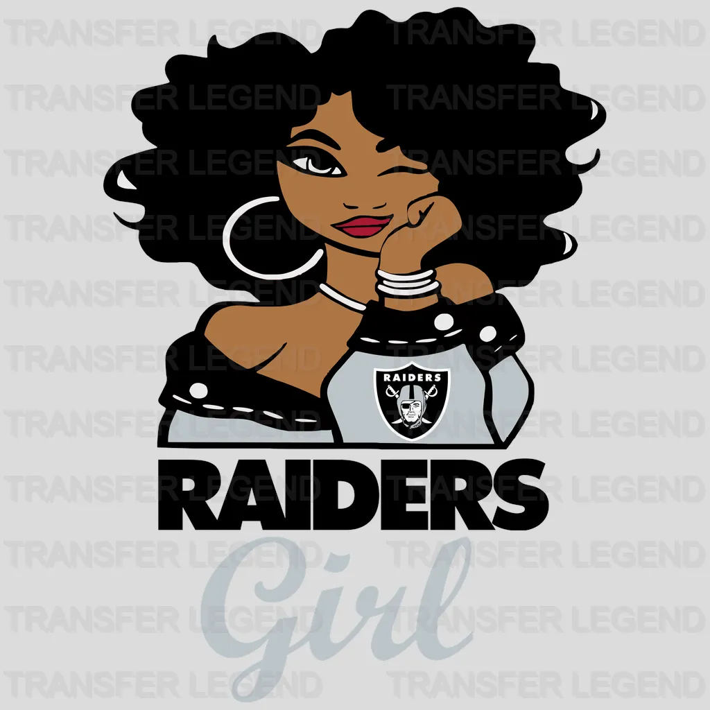 Las Vegas Raiders cartoon female fan portrait with “Raiders Girl” text, NFL design - DTF Heat Transfer