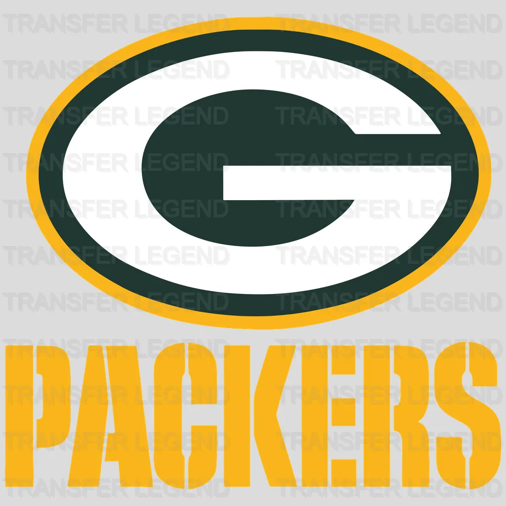 Green Bay Packers team G logo above bold PACKERS text, NFL design - DTF Heat Transfer