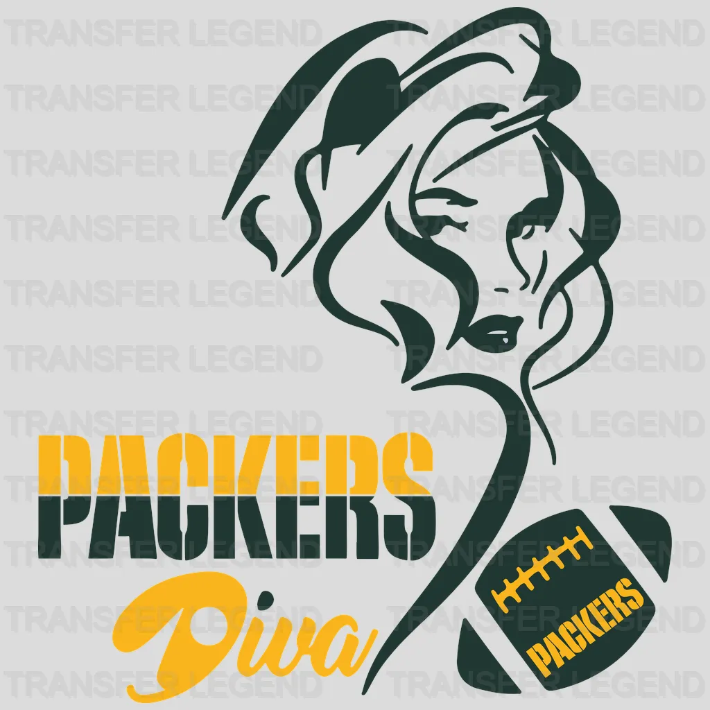 Green Bay Packers female “Diva” fan silhouette with “Packers Diva” text, NFL design - DTF Heat Transfer