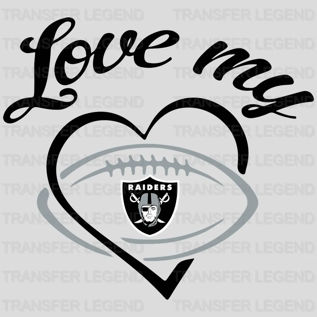 Las Vegas Raiders “Love My Raiders” script with heart and shield motif, NFL design - DTF Heat Transfer