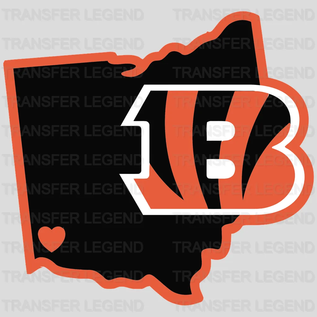 Cincinnati Bengals Ohio Outline Heart Logo NFL Design - DTF Heat Transfer