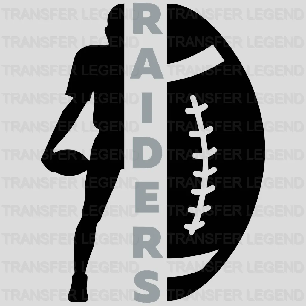Las Vegas Raiders vertical half-football shape with “RAIDERS” text, NFL design - DTF Heat Transfer