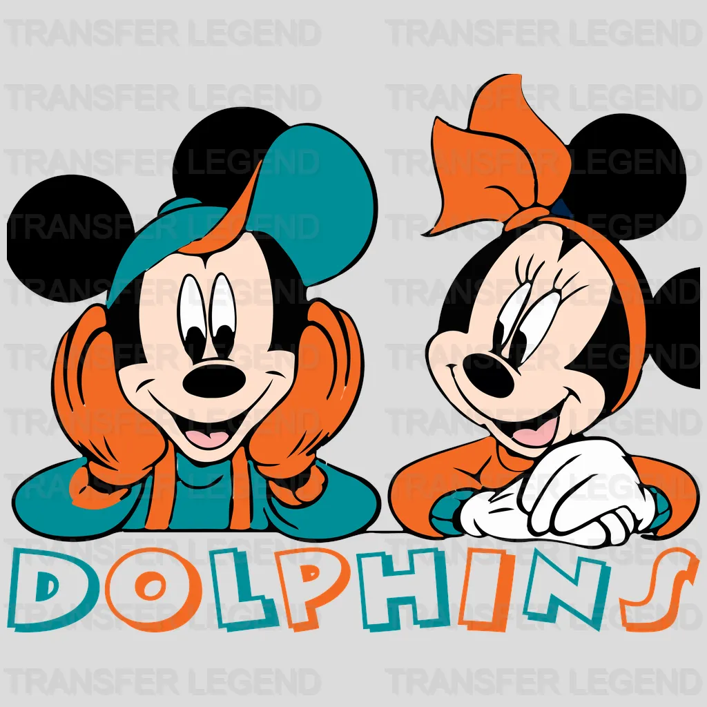 Miami Dolphins Mickey & Minnie Script Fan Illustration NFL Design - DTF Heat Transfer