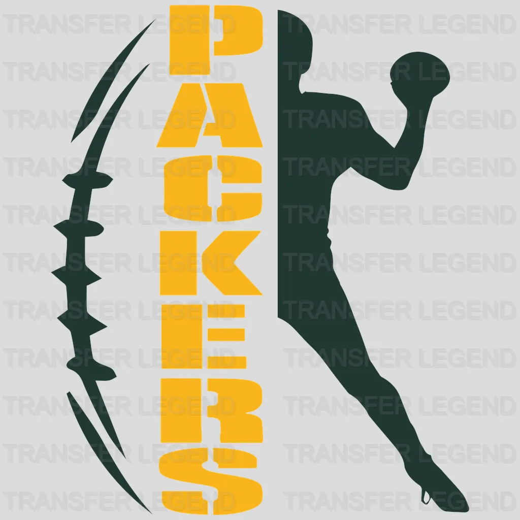 Green Bay Packers silhouette player kicking ball next to vertical PACKERS text, NFL design - DTF Heat Transfer