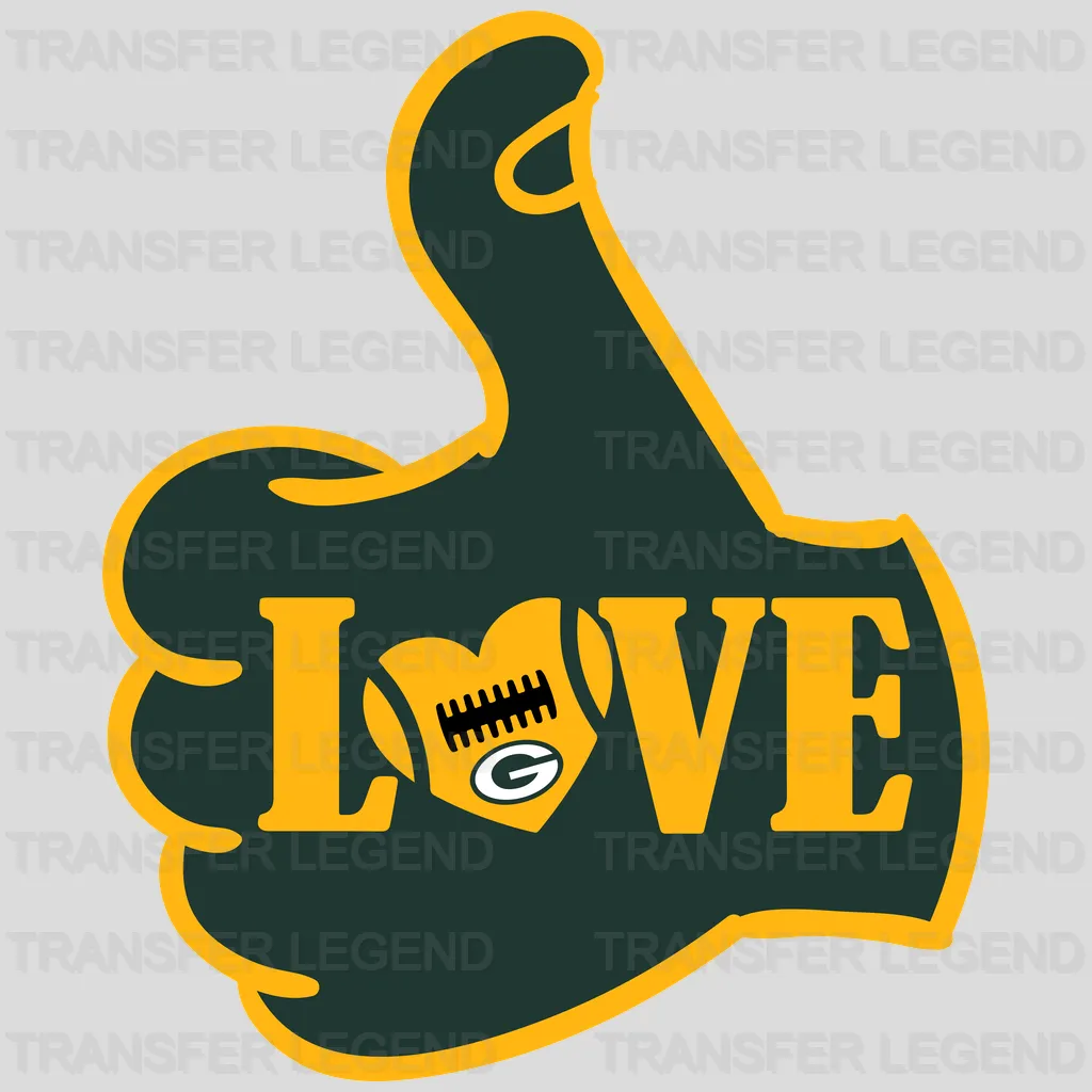 Green Bay Packers thumbs‑up hand with LOVE text and team colors, NFL design - DTF Heat Transfer