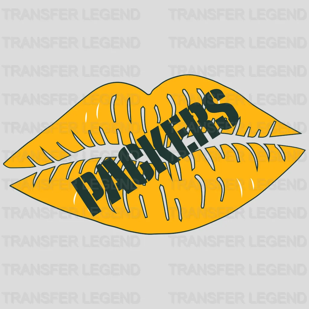 Green Bay Packers lips imprint filled with scribbled PACKERS text, NFL design - DTF Heat Transfer