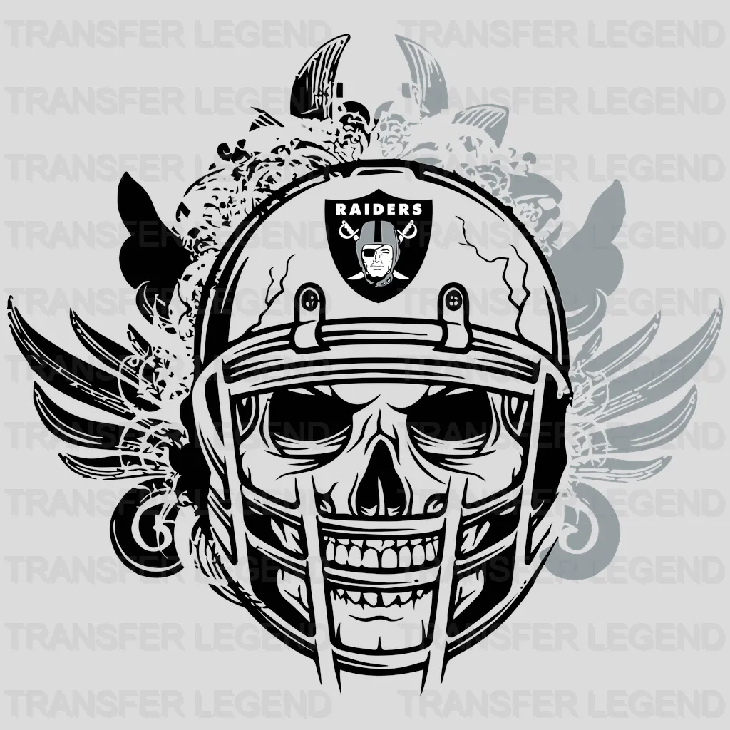 Las Vegas Raiders winged skull helmet graphic with floral accents, NFL design - DTF Heat Transfer