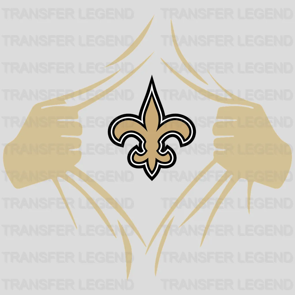 New Orleans Saints hands tearing open shirt to reveal fleur‑de‑lis, NFL design - DTF Heat Transfer