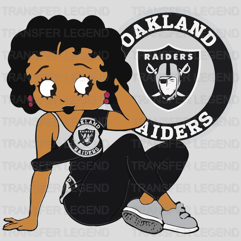 Las Vegas Raiders cartoon duo cheering next to shield logo, NFL design - DTF Heat Transfer