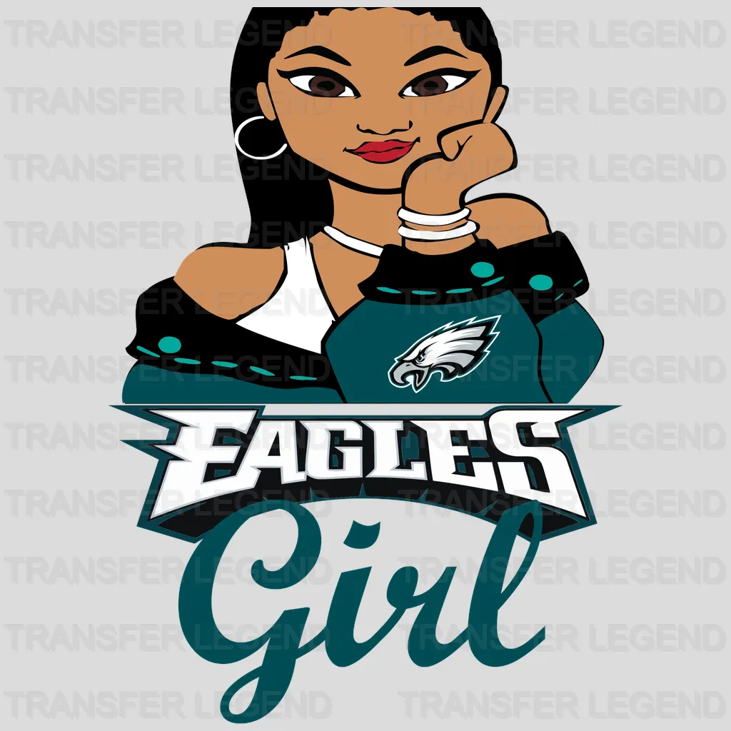 Philadelphia Eagles female fan cartoon with ‘Eagles Girl’ script, NFL design - DTF Heat Transfer