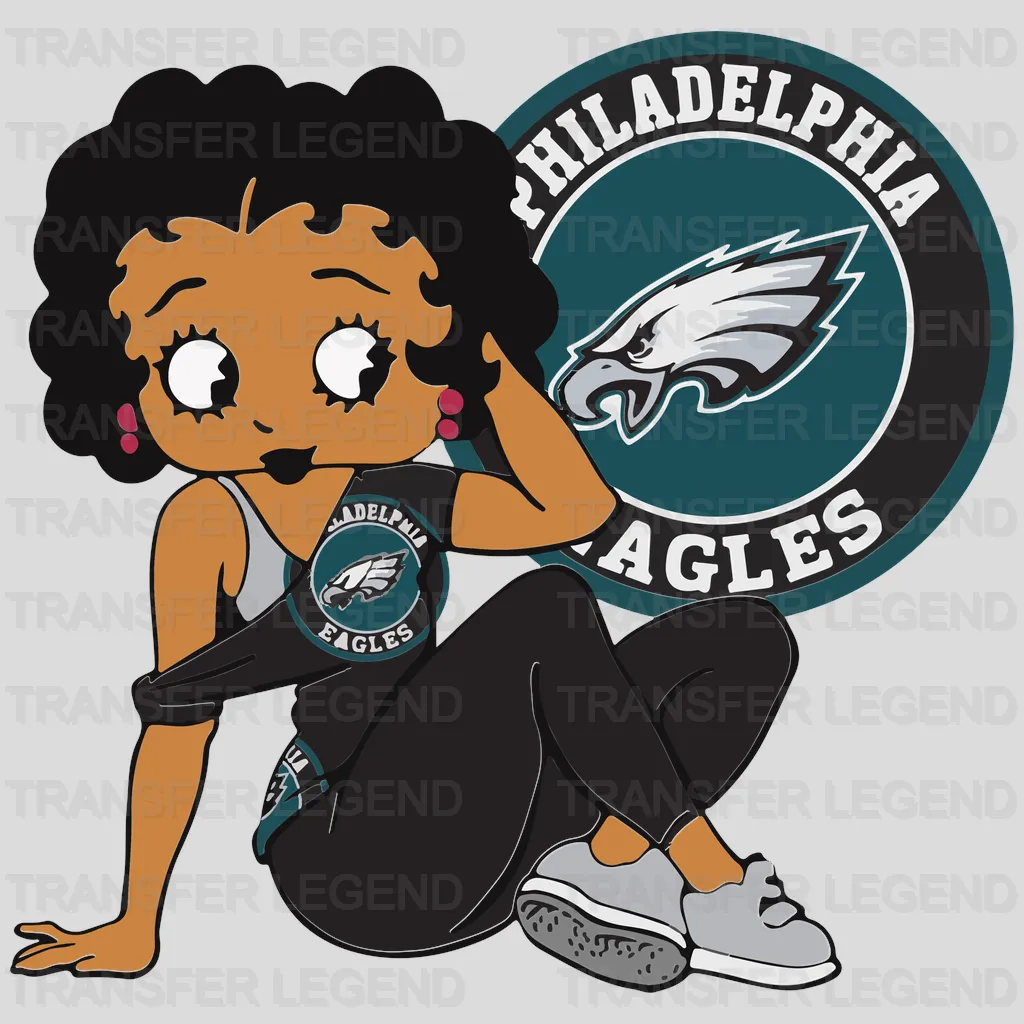 Philadelphia Eagles female fan seated beside logo circle, NFL design - DTF Heat Transfer