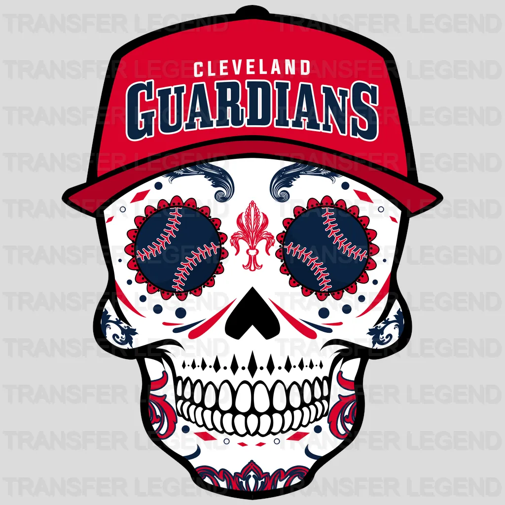 Cleveland Guardians MLB Sugar Skull With Cap Illustration - DTF Iron On Transfer