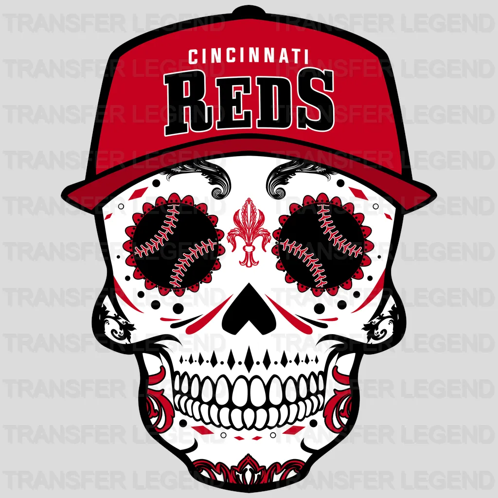 Cincinnati Reds MLB Sugar Skull With Cap Illustration - DTF Iron On Transfer